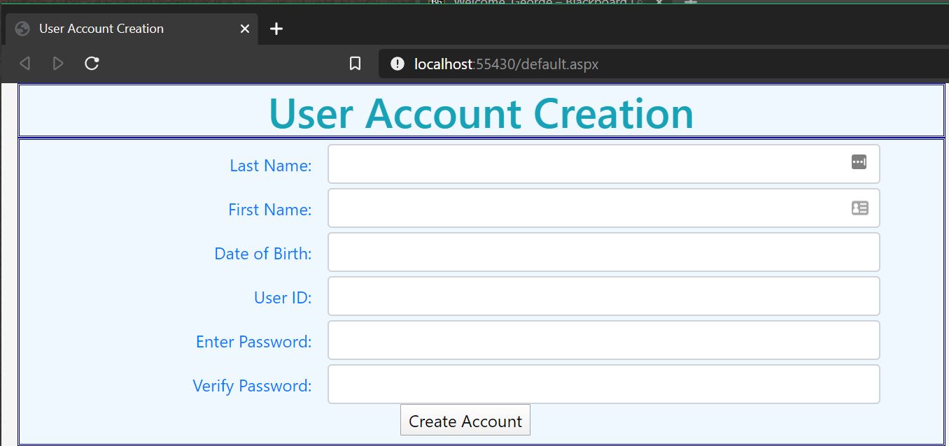 Browser running the account creation website.