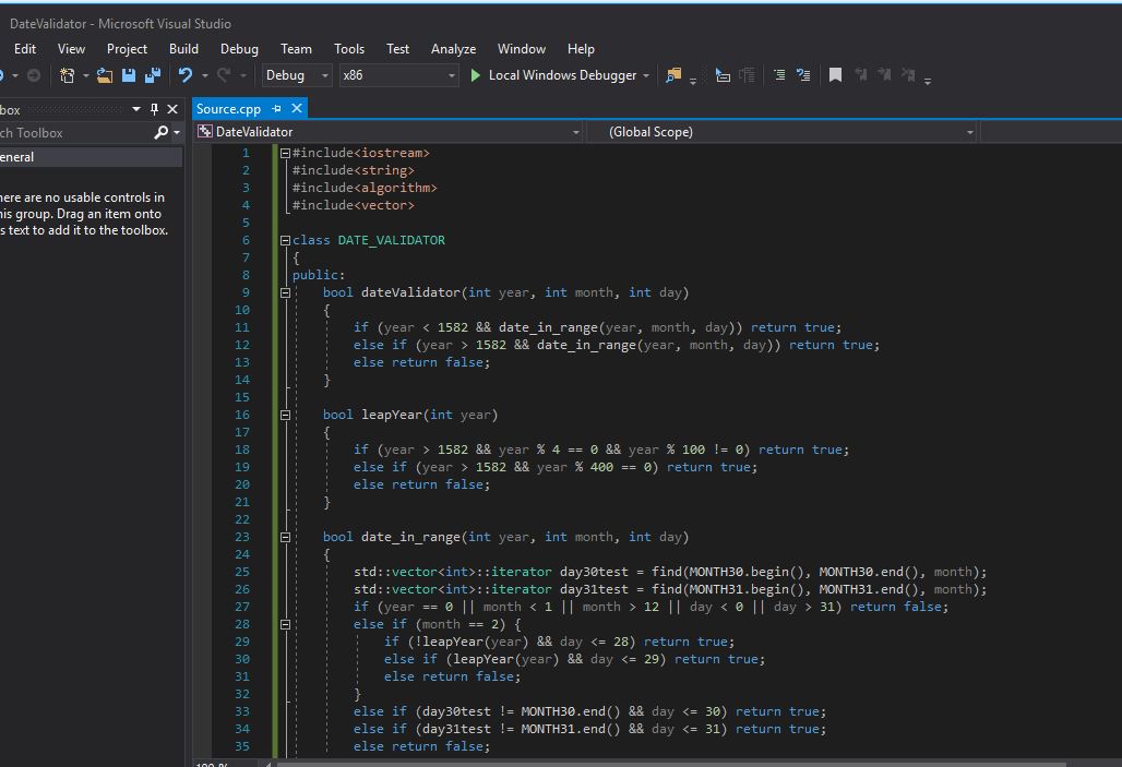 Snapshot of Visual Studio with a C++ program in development.