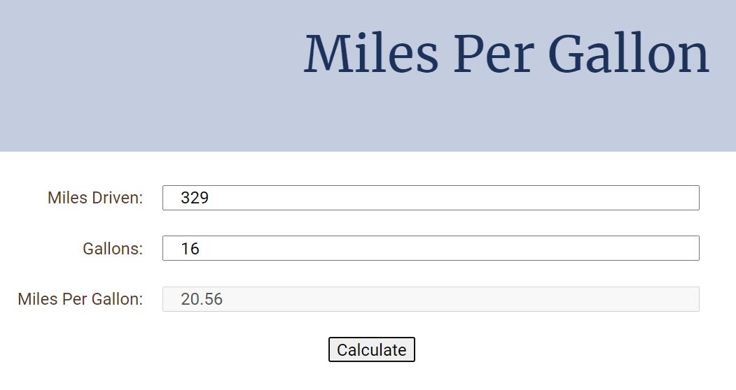SSnapshot of page that calculates miles per gallon.