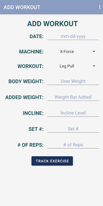 Display of TotalGym workout tracker for Android screen.
