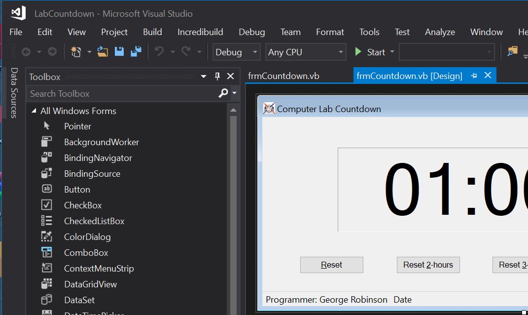 Snapshot of Visual Studio with a Visual Basic program in development.