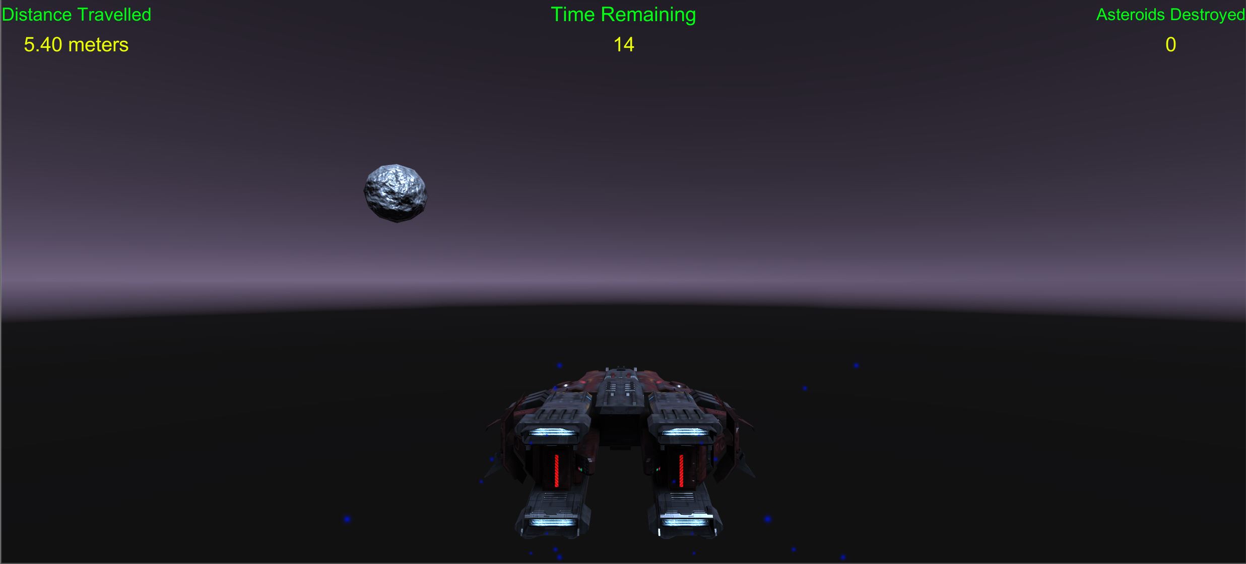 Snapshot of Belt Runner game, shooting asteroids while moving forward.